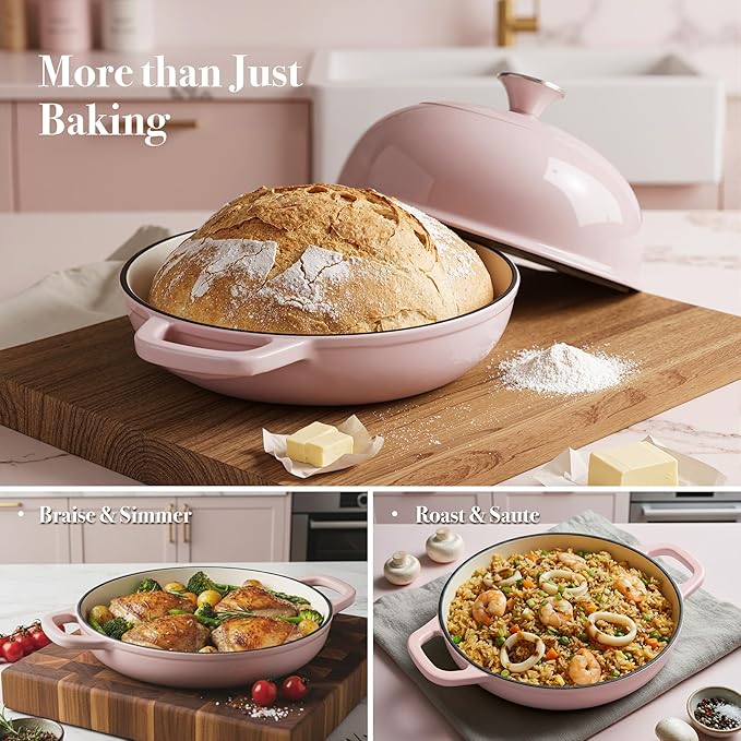 4.5 QT Dutch Oven for Bread Baking, Cast Iron Bread Oven for Sourdough, Enamelled Bread Dutch Oven with Lid, Heavy-Duty Non Stick Bread Pot, Pink