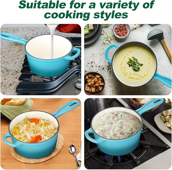HaSteeL 1 QT Cast Iron Saucepan, Mini Enamel dutch oven with lid, Small Non Stick Pan for Milk, Pasta Tomato Sauce, Butter, Breakfast, Soup, Suitable for Boiling Stewing Frying, Easy to Clean, Green