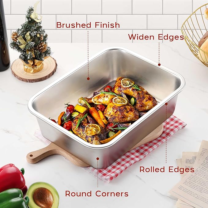 Onader 12¾ x 10 Inch Deep Lasagna Baking Pans Set of 2, Stainless Steel Rectangle Cake Pan, Dishwasher Safe