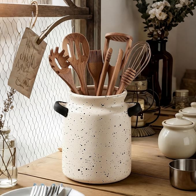 Qinyoung Rustic Kitchen Utensil Holder 6 Inch Small Ceramic Utensil Holder with Handle Vintage Crock Decoration Spatula Organizer for Kitchen Countertop Farmhouse Party Supplies(Beige,Speckled)
