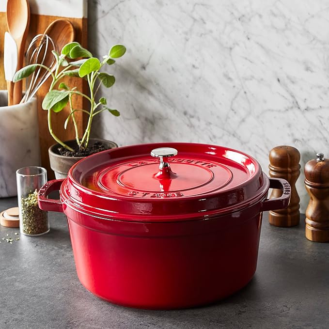 STAUB Cast Iron Round Cocotte, Dutch Oven, 7-quart, serves 7-8, Made in France, Cherry