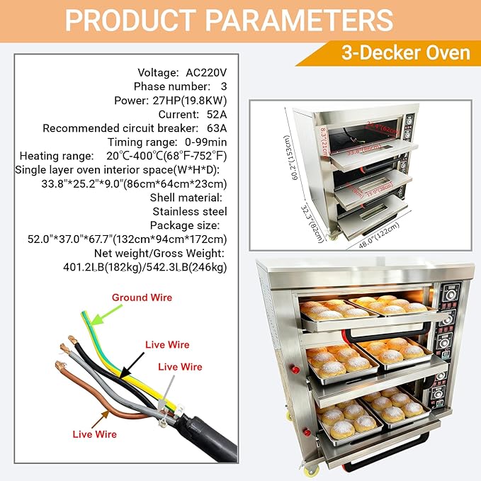 Commercial Electric Pizza Oven 3 Layers Movable Large Triple Baking Oven 19.8KW, 6 Baking Sheets, 20℃-400℃ Stainless Steel,for Restaurants, Bakeries, Pizza, Bread, Meat 220V 3PH