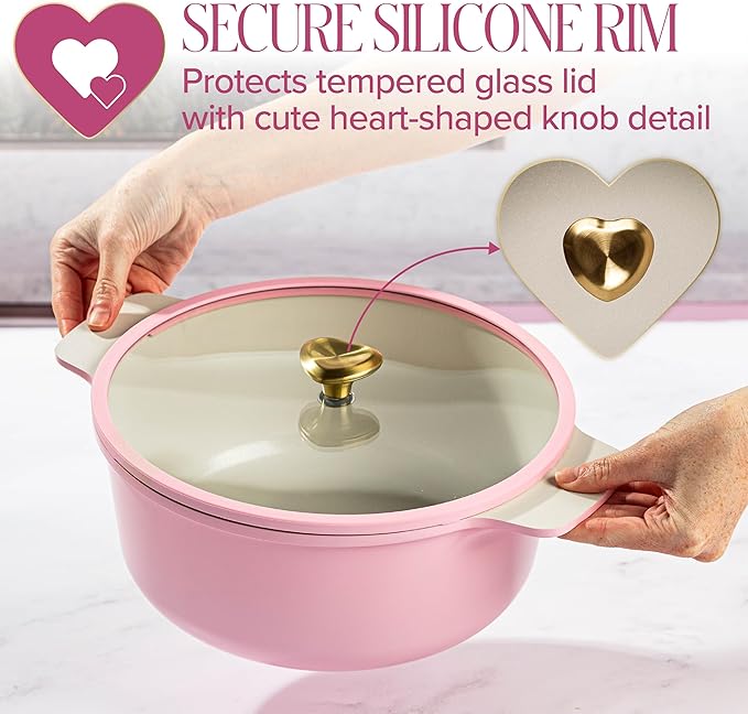 Paris Hilton Cast Aluminum Dutch Oven with Lid, Ceramic Nonstick Coating Made Without PFAS, PFOA, PFOS & PTFE, Heart Knob, 4.3-Quart, Pink