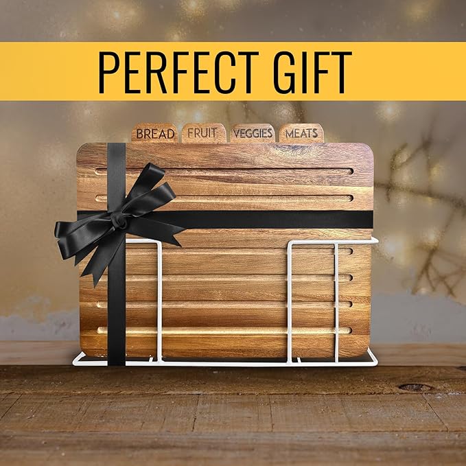 Acacia Cutting Boards for Kitchen with Holder 13" x 11" x 2.5" | Labeled Wood Cutting Board Sets | Large Wooden Cutting Board Set with Black Organized Stand (Acacia White Holder)