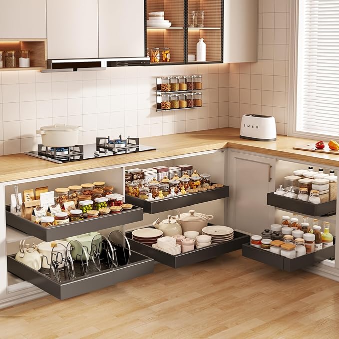 6 Pack Pull out Cabinet Organizer 21"Deep with Raising Pad for Framed Cabinets, Expandable Slide out Drawers for Kitchen Cabinets with 6pcs Divider Racks, Roll out Shelves 12.1"-20.4" W Black