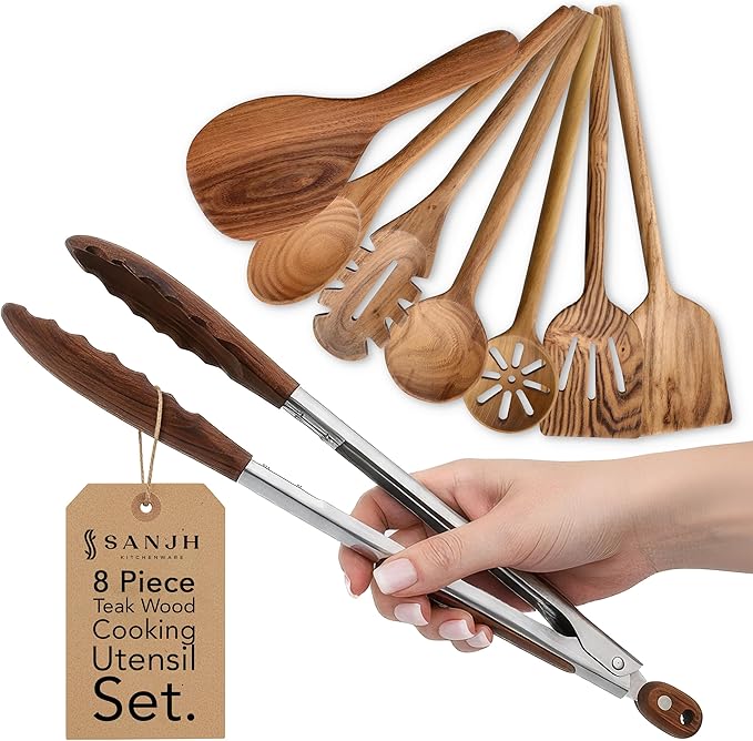8 Piece Teak Wooden Cooking Spoons Set – Wooden Utensil Set with Spatula Scraper Pasta Spoon Rice Paddle Tongs for Everyday Cooking, Smooth Sanded Finish, Comfortable Grip Handles, Gentle on Cookware