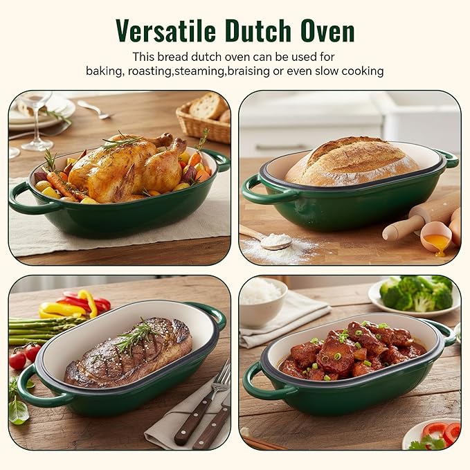 2 QT Oval Dutch Oven for Bread Baking, Enamelled Cast Iron Bread Oven for Sourdough, Sourdough Loaf Pan with Lid, Heavy-Duty Non Stick Bread Pan for Homemade Bread Baking, Green