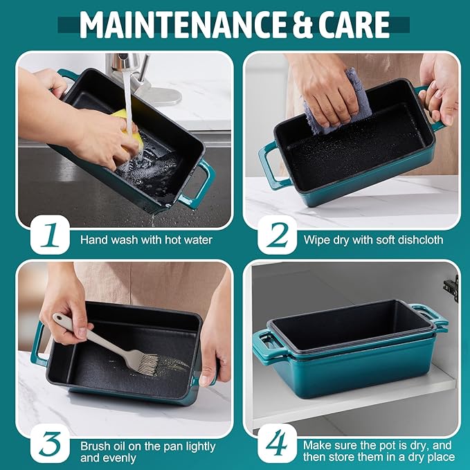 P&P CHEF 2-In-1 9 x 5 Inch Cast Iron Loaf Pan with Lid (Dark Green), Bread Loaf Pans for Baking Homemade Sourdough Bread, Meatloaf, Toast, Cake, Nonstick & Healthy & Sturdy, 2 Piece Set