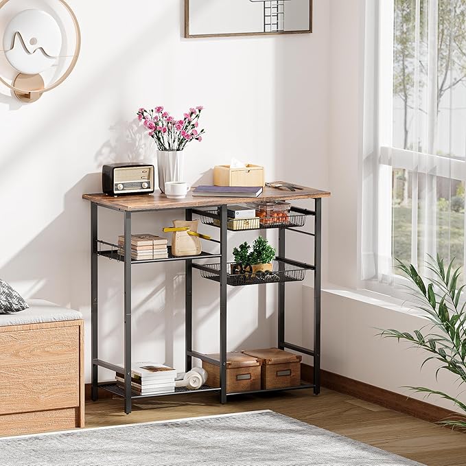 Kitchen Bakers Rack,Microwave Stand with Storge 3-Tier,Coffee Bar Station,6 S-Shaped Hook,Kitchen Storage Shelf,33.7D x 14.9W x 29.9H Inches,Rustic Brown