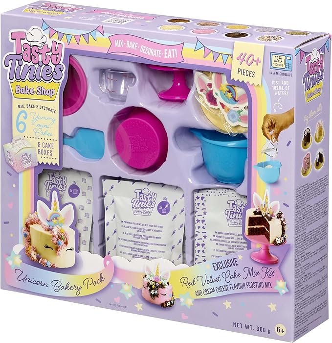 Goliath Tasty Tinies Bake Shop | Unicorn Bakery Party Pack | Red Velvet Cake Mix & Cream Cheese Flavor Frosting | Mix, Bake & Decorate 6 Real Mini Cakes | Includes Mini Tools & Ingredients | Ages 6+