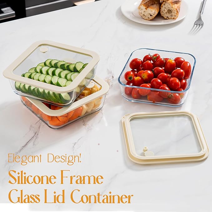 Urban Green Glass Food Container Set with Glass Lid, 4 Pack, Meal Prep Containers with Silicone Framed Airtight Lid, Leakproof, 100% Plastic Free,
