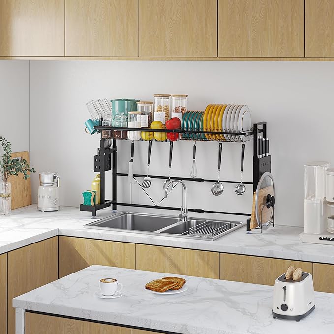 MINGLING Over The Sink Dish Drying Rack, Expandable Height and Length, Large Capacity Stainless Steel Sink Rack, Kitchen Storage and Organization, 24.4"-38.2" L x 9.84" W x 17.7"-22.1" H