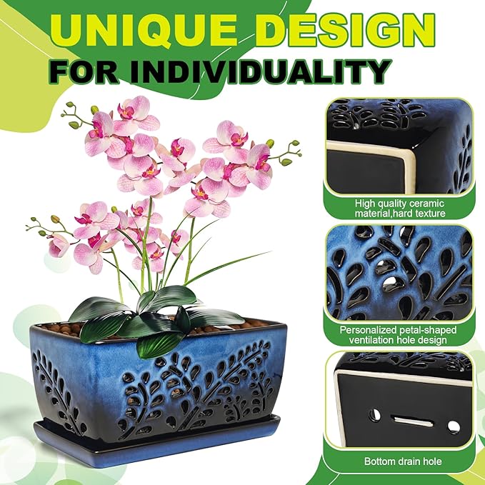 Ceramic Orchid Pot, 10 Inch Orchid Pots with Holes, Premium Thickened Handmade Glazed Pot for Orchidaceae Plants, Indoor Outdoor Decorative Flower Pots for Easy Repotting(Gradient Blue)