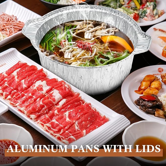 24 Pcs Disposable Aluminum Pot with Lid Round Foil Pans Disposable Cookware Food Container for Vacation Trips Camping Baking Heating Cooking (33.8,67.6,121.7 oz)