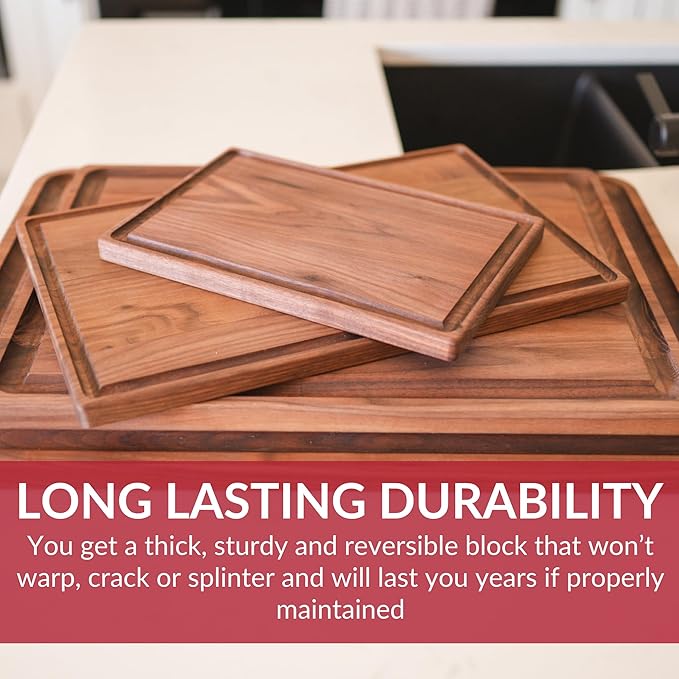 Made in USA Black Walnut Wood Cutting Board by Virginia Boys Kitchens - Butcher Block Wooden Carving Board with Juice Well made from Sustainable Hardwood (17x11)