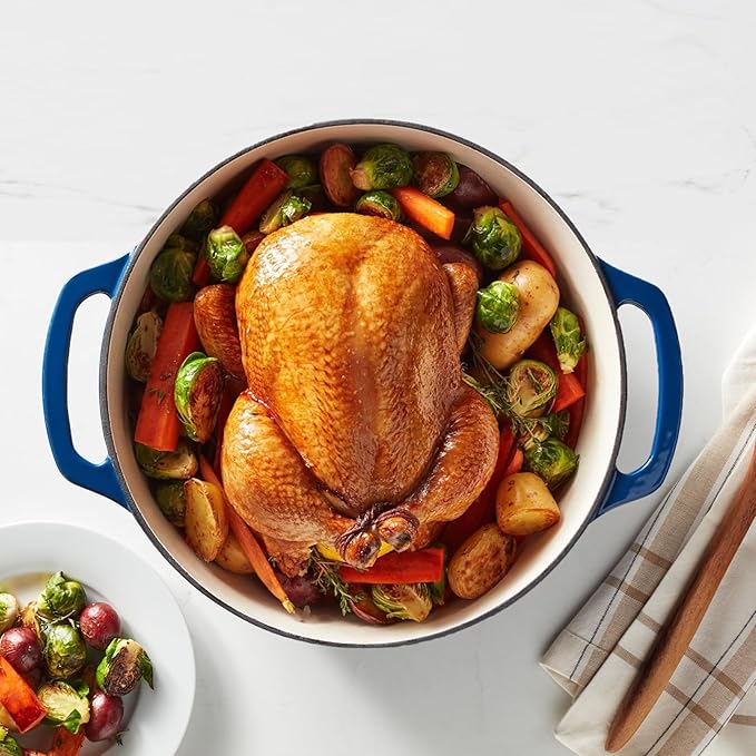 Amazon Basics Enameled Cast Iron Dutch Oven Pot with Lid, Round, Dual Handles, Heavy-Duty, Oven Safe for Baking, Roasting, Stews, 7.3-Quart, Navy