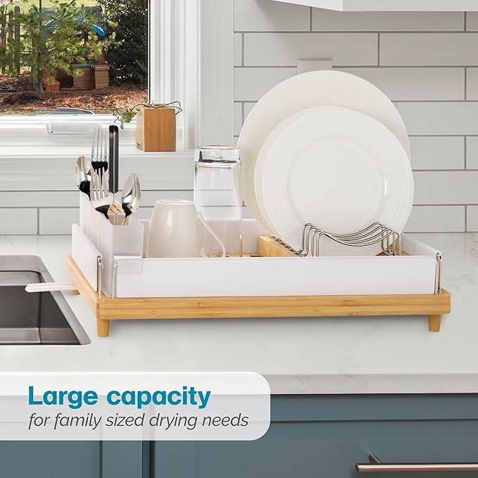 Polder Harmony Dish Rack, Sturdy Dish Drying Rack with 2 Open-Pattern Drain Trays, Dish Racks for Kitchen Counter, Drying Rack for Kitchen Storage, 19.6" x 13.5" x 6.2", White