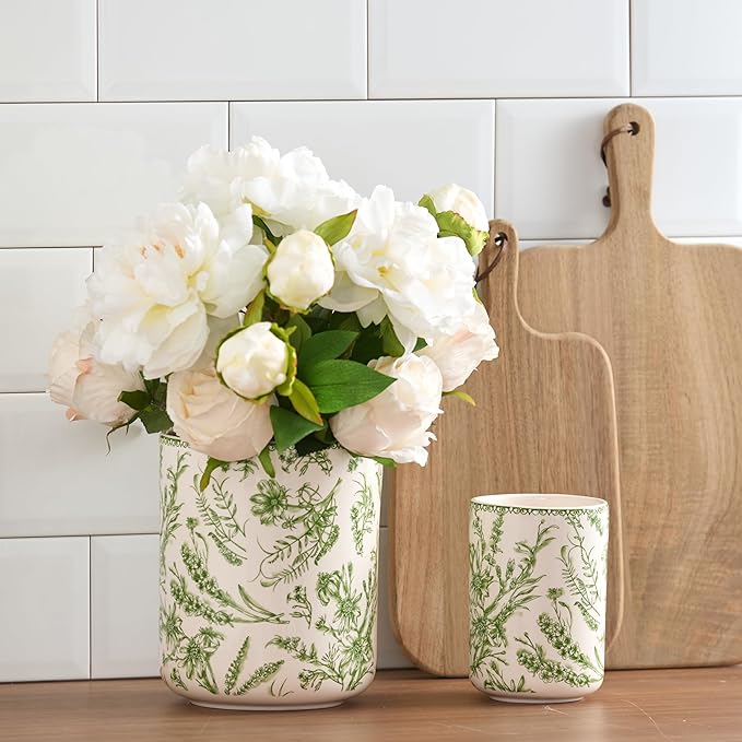 Bico Green Garden Toile De Jouy Ceramic Utensil Holder Set of 2, Ceramic Kitchen Utensil Crocks for Countertop, Large Cooking Tool Holder Counter Decor, Spatula Organizer