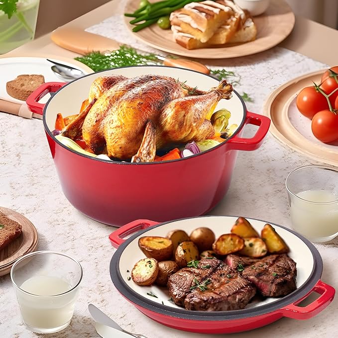 2 in 1 Enameled Cast Iron Dutch Oven Pot 6QT with 2QT Lid - Big Dual Handles - Oven Safe up to 500°F - Classic Round Pot for Versatile Cooking Red
