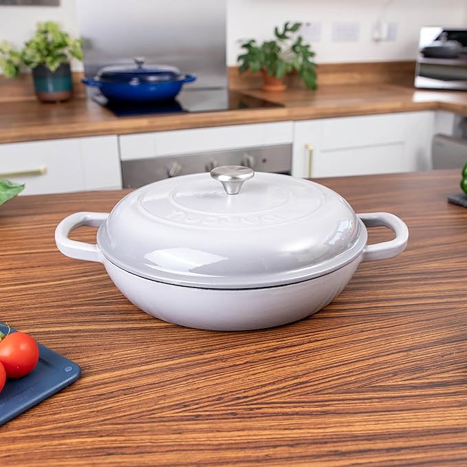Cast Iron Dutch Oven with Lid – Non Stick Shallow Dutch Oven Pot, Oven Safe up to 500° F – Sturdy Cooking Pot – Enamelled Stockpot Cookware – Gray, 3.7-Quart, 30cm – by Nuovva
