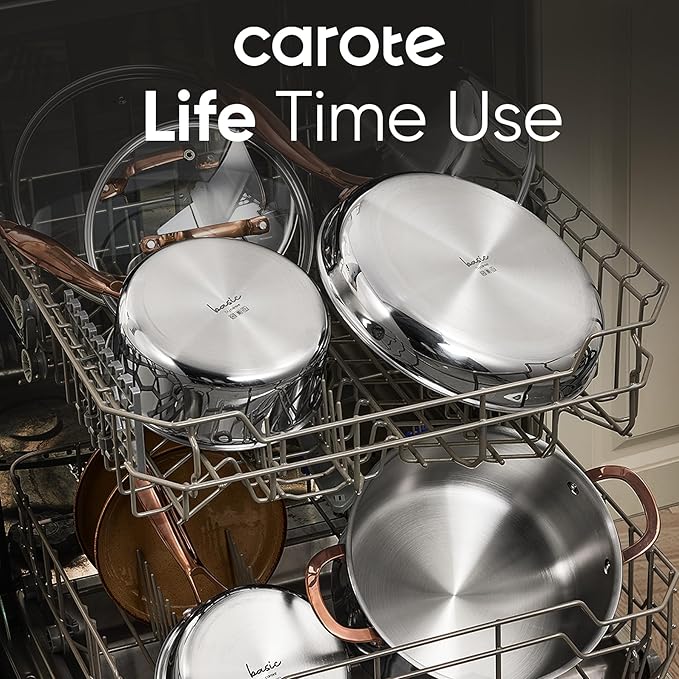 CAROTE 8"+10" Stainless Steel Frying Pan Set, Non-Toxic PTFE & PFOA Free Fry Pan & Omelet Pan, Oven Safe, Compatible with Induction, Ceramic, Gas Cooktops, Silver