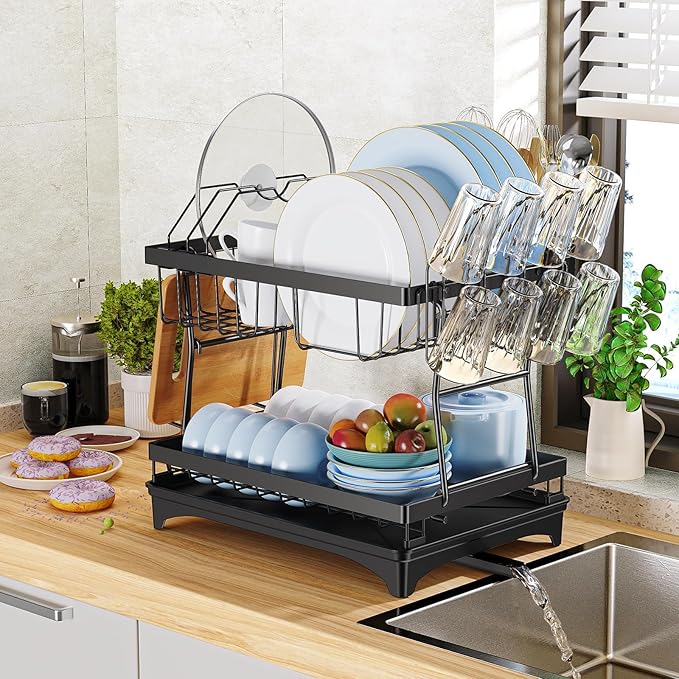 Rustproof Stainless Steel Dish Drying Rack,2 Tier Large Dish Rack for Kitchen Counter,Dish Rack with Drainboard,Dish Drainer with Utensil Holder & Cup Holder,Black