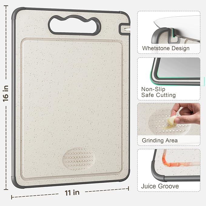 Double Sided Titanium& Wheat Straw Cutting Board, 16"*11" Non Toxic Lightweight Chopping Board, Separately Handle Meat and Vegetables, Dishwasher Safe, Scratch Resistant Mesh Design