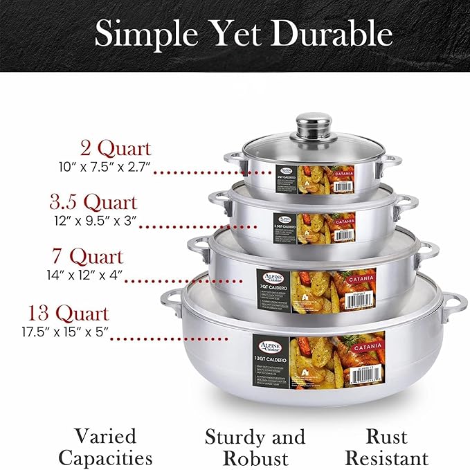 Alpine Cuisine Premium 8-Piece Nonstick Aluminum Caldero Set with Glass Lids Versatile Pots for Stews, Rice & Soups in 2,3.5,7,13 Quart Sizes