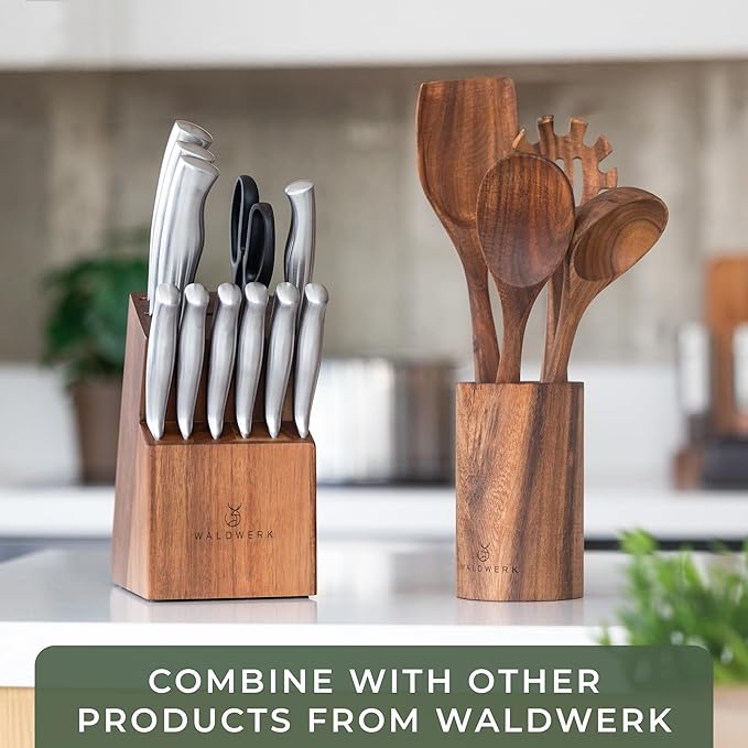 WALDWERK Wooden Spoons for Cooking β 9-Piece Kitchen Utensils Set with Spatula, Tongs, Whisk, Wooden Spoons & Pasta Server β Wooden Utensil Set β Utensil Sets - Cooking Utensils - Non Toxic