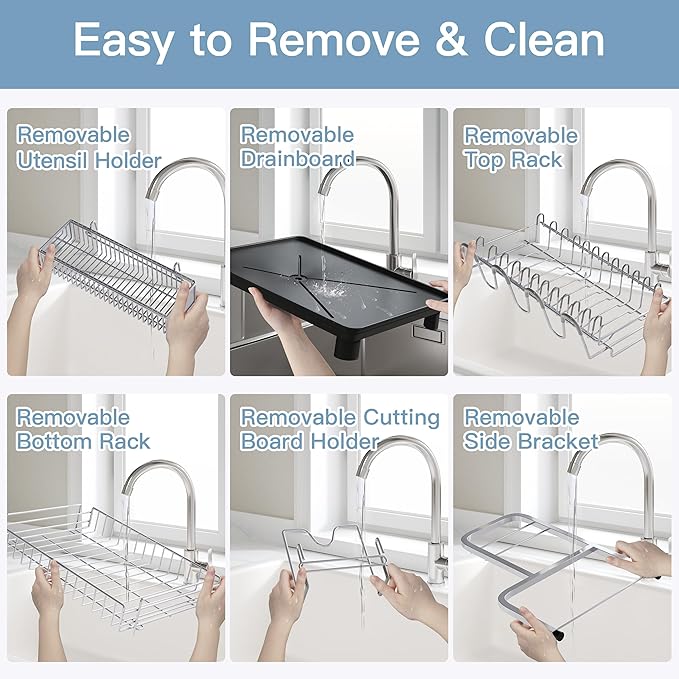 2 Tier Stainless Steel Large Capacity Dish Drainers Drying Rack for Kitchen Counter, Metal Gray Rust Proof Plate Strainers Holder On Countertop with Drainboard Tray, Space Saving, Aesthetic Modern