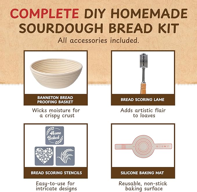 Complete Sourdough Bread Starter Kit, Glass Sourdough Starter Jar Kit & Tons of Sourdough Baking Supplies - Sourdough Starter Kit Includes Sourdough Jar, Banneton Bread Proofing Basket & More