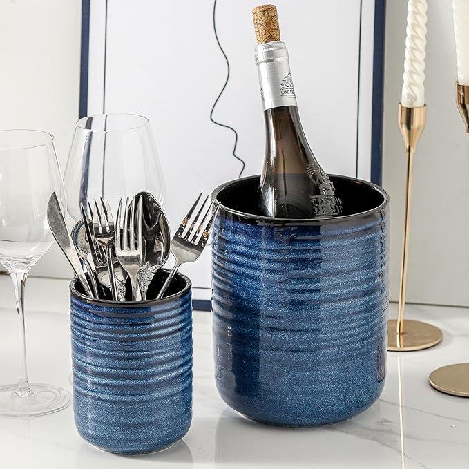 HASENSE Ceramic Utensil Holder, 7.4"+5.5" Kitchen Utensil Holder Crocks for Countertop, Modern Kitchen Tool Organizer for Spatulas, Whisks, and Tongs, Farmhouse Home Decor, Set of 2, Blue