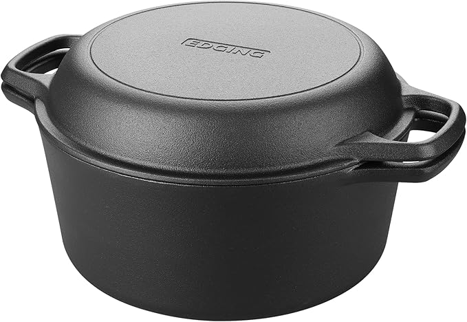 Pre-Seasoned Cast Iron Dutch Oven Pot with Skillet Lid Cooking Pan, 2-in-1 Sourdough Bread Baking Pan with Proofing Basket and Baking Supplies, 5QT