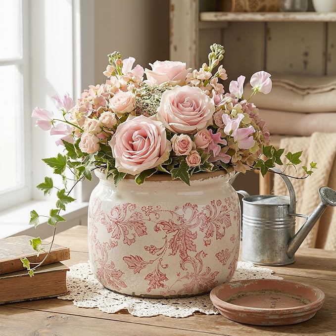 7.7" Large Ceramic Plant Pot Beige Pink Floral Vine Crackle Glaze Rustic Flowers Pot Decorative Planter with Drainage for Indoor Outdoor Plants Home Kitchen Office Decor Gift