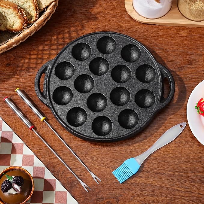 Cast Iron Takoyaki Pan with 15 Holes, Non-Stick Escargot Plate for Snails and Meatballs, Includes Forks and Brush, Compact Size for Home and Professional Use