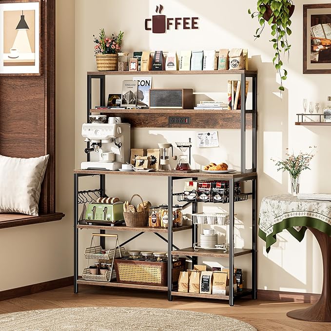 SUPERJARE Bakers Rack with Power Outlet, 47.2 Inches Coffee Bar with Wire Basket, Kitchen Microwave Stand with 6 S-Shaped Hooks, Open Storage Shelves, Rustic Brown