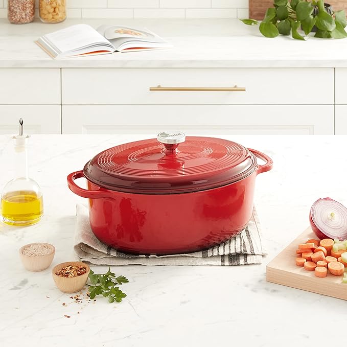 Lodge 7 Quart Enameled Cast Iron Oval Dutch Oven with Lid – Dual Handles – Oven Safe up to 500° F or on Stovetop - Use to Marinate, Cook, Bake, Refrigerate and Serve – Red