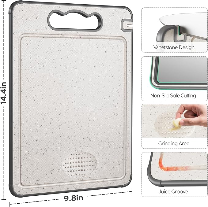 Double Sided Titanium & Wheat Straw Cutting Board, 14.4"*9.8" Non Toxic Lightweight Chopping Board, Separately Handle Meat and Vegetables, Dishwasher Safe