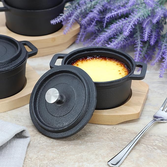 MegaChef Cast Iron 8 Ounce Mini Dutch Oven with Wood Tray, Cookware, Bakeware, Serveware (4 Piece)