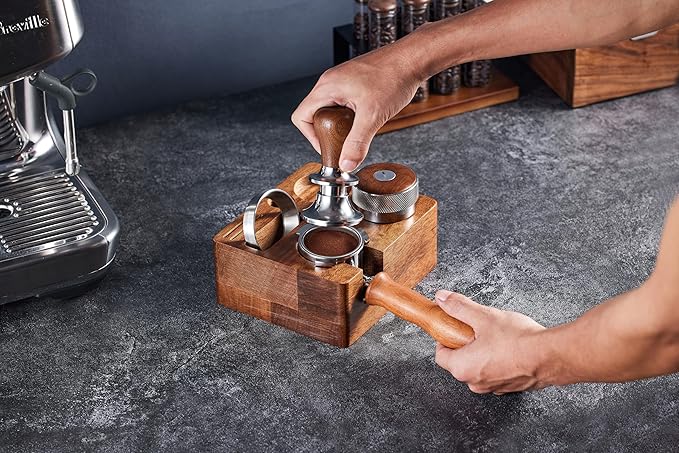Tamping Station for Portafilters Solid Wood Espresso Accessories 5-Slot Organizer with Anti-Slip Base & Adjustable height (small)
