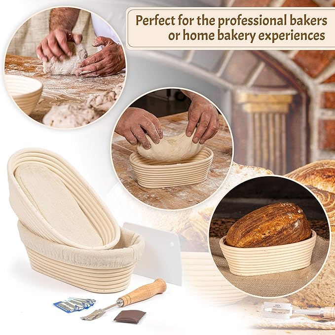 Sourdough Bread Baking Supplies Kit – Extra-Large 11” Oval Banneton Proofing Basket Set of 2 with Linen Liners, Bread Lame, Danish Whisk & Dough Scrapers – Ideal for Family-Size Loaves