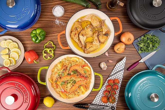Cast Iron Dutch Oven with Lid – Non Stick Shallow Dutch Oven Pot, Oven Safe up to 500° F – Sturdy Cooking Pot – Enamelled Stockpot Cookware – Blue, 3.7-Quart, 30cm – by Nuovva
