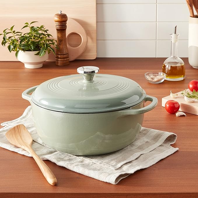 Lodge Essential Enamel Cast Iron Dutch Oven - Perfect for Bread Baking, Braising, Marinating & Slow Cooking - Features Moisture-Sealing Lid & Dual Handles - Kitchen Essentials - 6 Quarts - Desert Sage