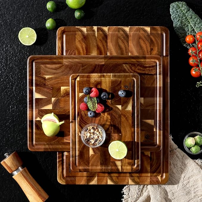 End Grain Cutting Board Set of 3 with Non-slip Feet, Reversible Acacia Wood Cutting Boards for Kitchen with Juice Grooves and Handles Non Toxic Chopping Board Butcher Block Serving Tray Kitchen Sets