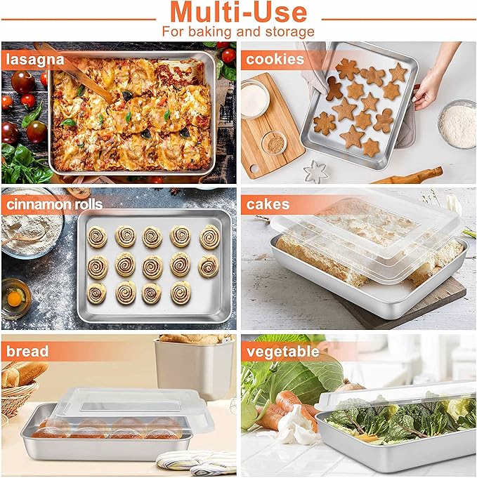 Herogo Baking Pan with Lid, 9 x 12 Inch Stainless Steel Lasagna Pan Deep, Rectangle Cakes Bakeware with Lid for Brownies Casseroles, Dishwasher Safe, Set of 2
