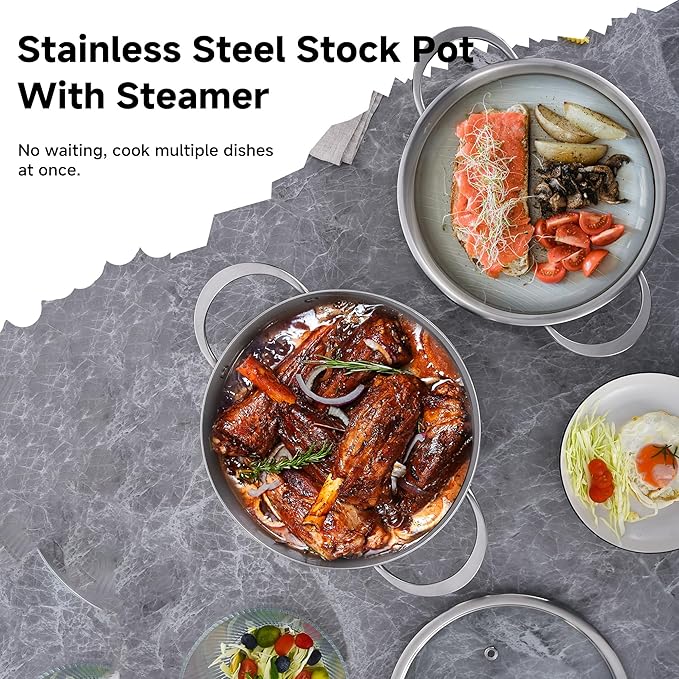 LOLYKITCH Tri-ply Stainless Steel 5 QT Stock Pot with Steamer,Induction Cooking Pot,Pots and Pans,Heavy Duty,Dishwasher and Oven Safe.