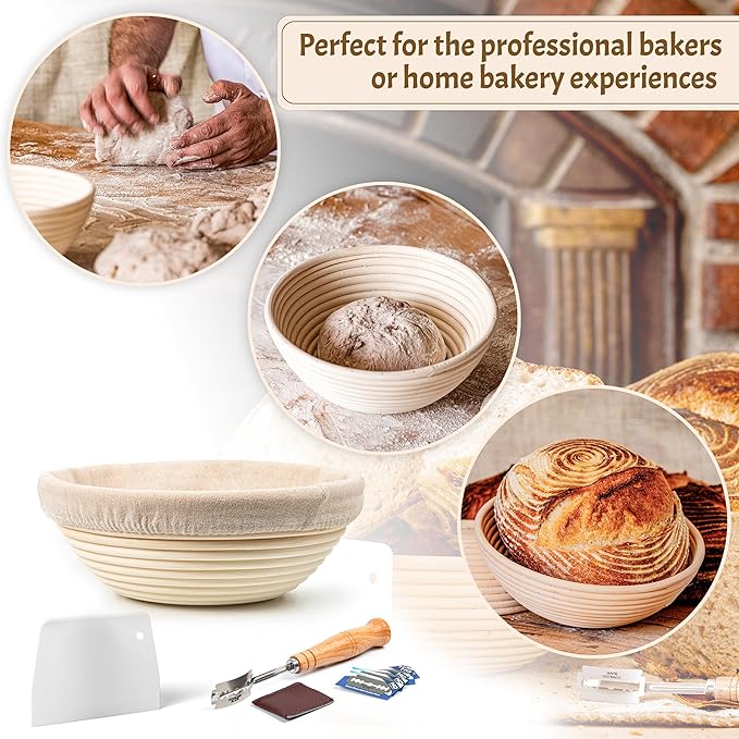 Round Banneton Bread Proofing Basket Set of 2 – 9” Natural Rattan Baskets with Linen Liners, Bread Lame & Dough Scrapers – Classic Sourdough Baking Set for Home Bakers