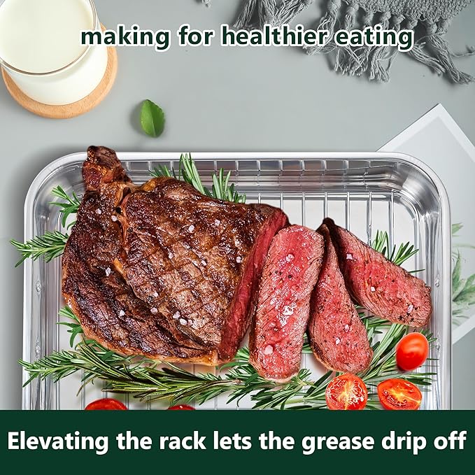 Stainless Steel Roasting Oven Pan: Roaster Pans With Rack & Handles 16.5 * 12.4 * 3 inches - Kitchen Baking Appliances for Turkey Chicken Beef - Kitchen Cookware Gifts for Women Homeowner
