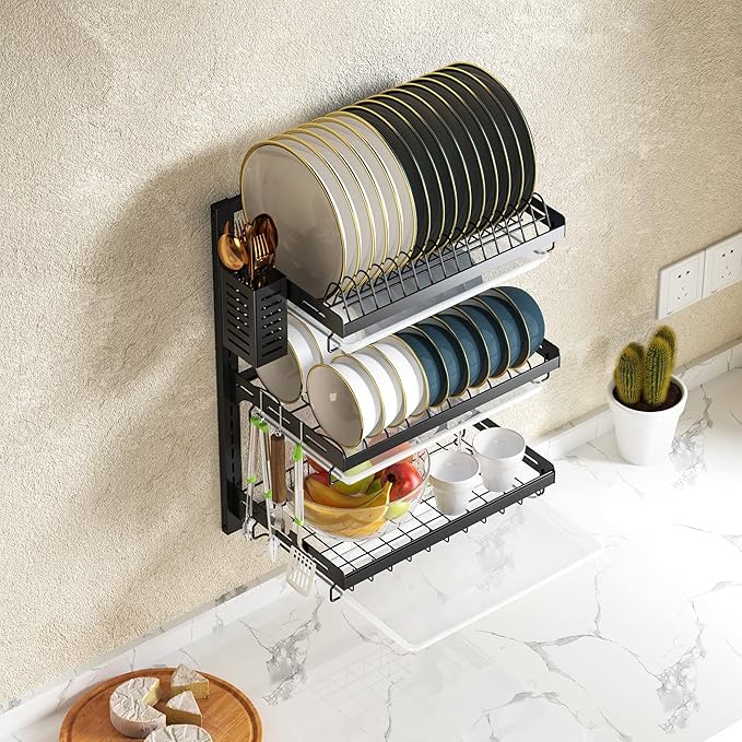 PUSDON Wall Mounted Dish Drying Rack, 3 Tier Stainless Steel Hanging Dish Drainer with Cutlery Holder, Drainboard and Hooks, Fruit Vegetable Kitchen Supplies Plates Bowls Cups Storage Shelf, Black