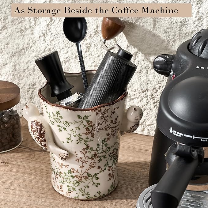 6.34“H Utensil Holder for Kitchen Counter, Modern Farmhouse Cooking Utensil Holder and Crock Home Kitchen Decor, Ceramic Utensil Organizer for Spatula, Ladle, Eggbeater, Rolling Pin- Green and Beige
